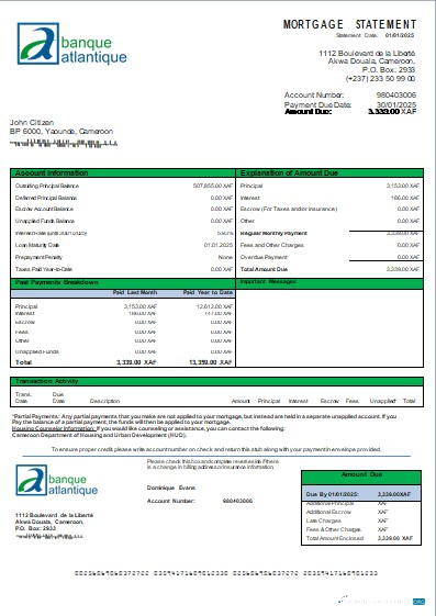 Download Cameroon Atlantic bank mortgage statement scr Photoshop template